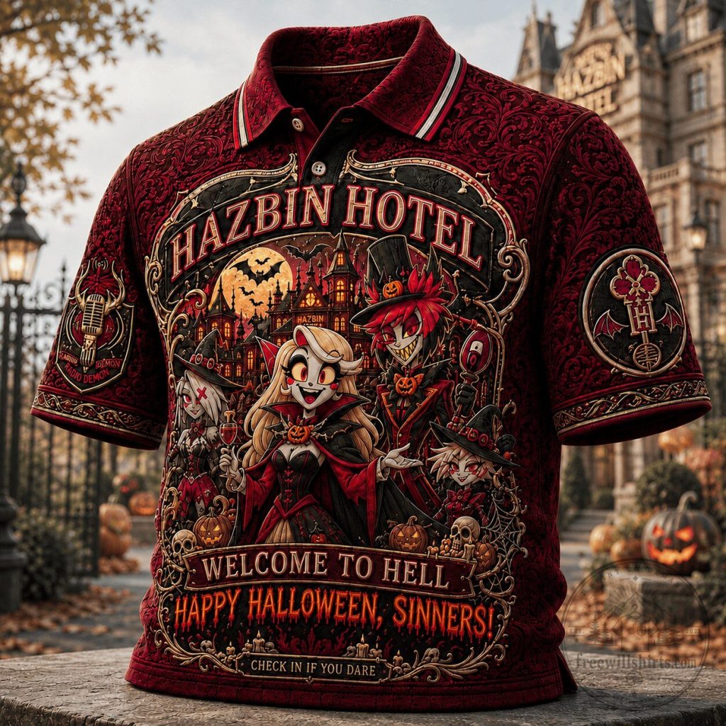 Hazbin Hotel Welcome To Hell Happy Halloween Sinners Polo Shirt Hazbin Hotel Welcome To Hell Happy Halloween Sinners Polo Shirt
